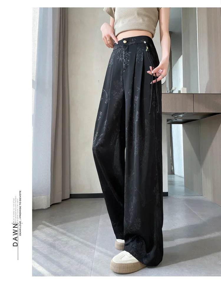 Chinese Style Jacquard Wide Leg Satin Pants – Women